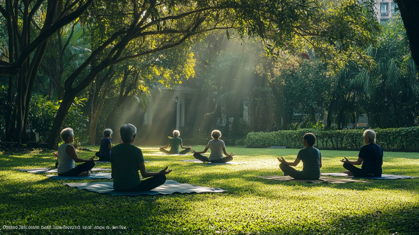 Група старших людей практикує йогу на природі під час ретриту