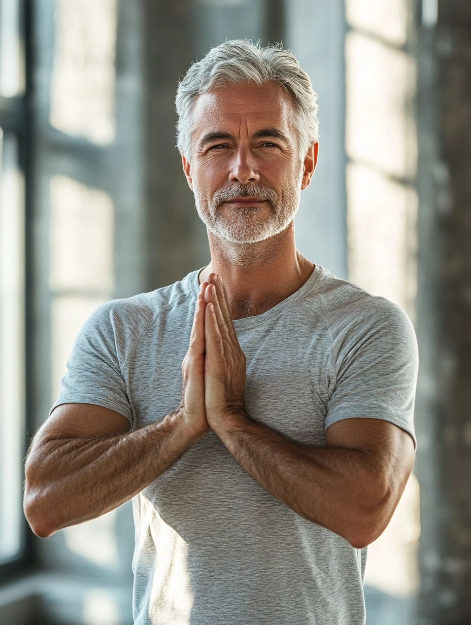 Чоловік старшого віку виконує адаптовану позу дерева (Врікшасана)