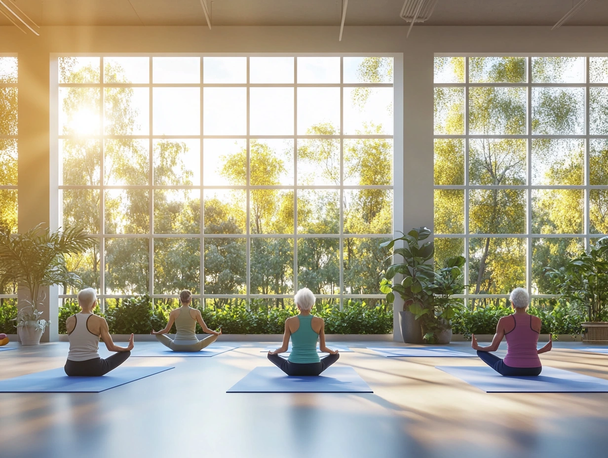 Старші люди практикують йогу в просторому, світлому залі